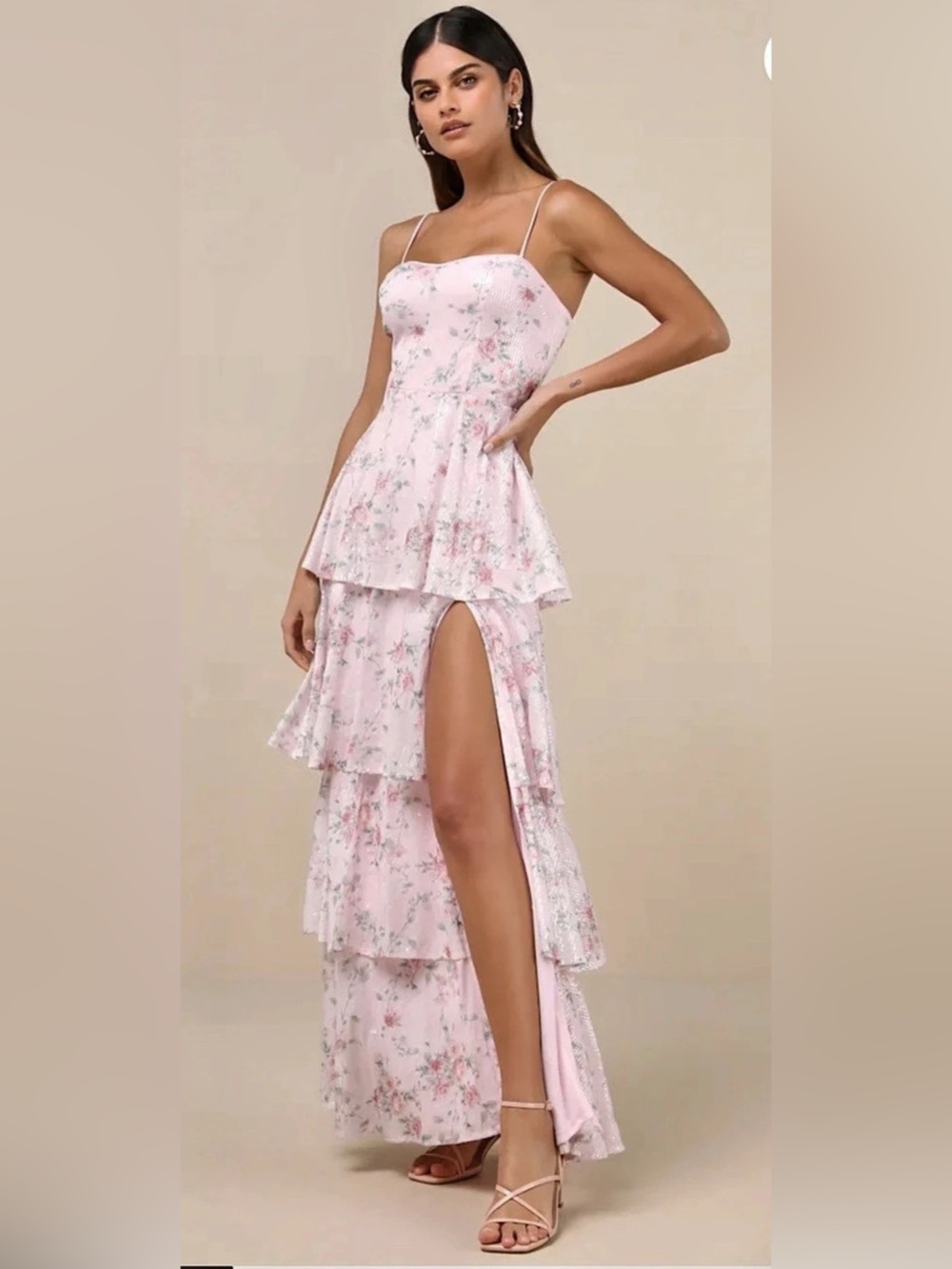 Lulus Flourishing Shine Light Pink Floral Sequin Tiered Maxi Dress XS